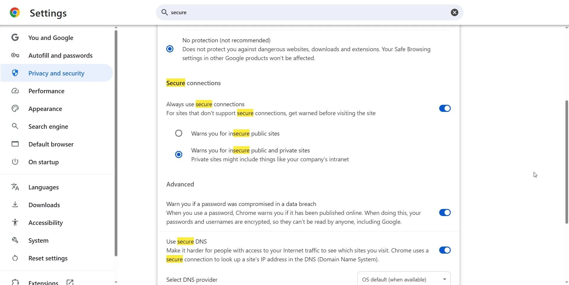Tùy chọn luôn sử dụng kết nối an toàn trong Chrome