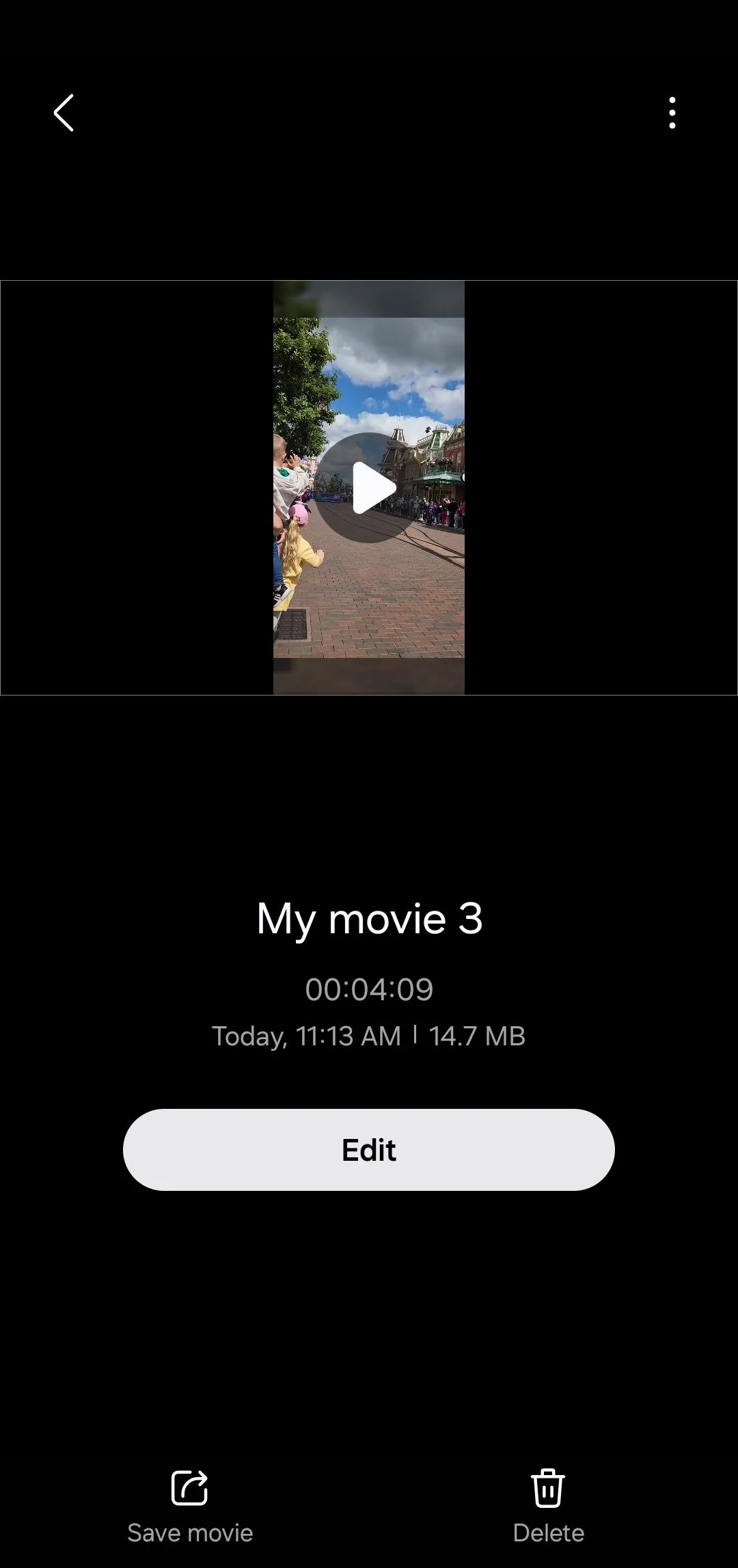 Tùy chọn lưu và xuất dự án video trong Samsung Studio trên điện thoại Samsung Galaxy, cho phép chọn kích thước và định dạng video cuối cùng.