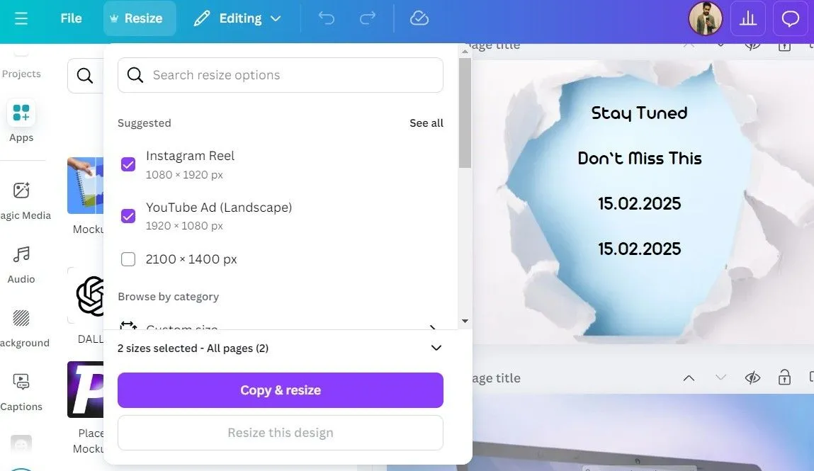 Tùy chọn Magic Resize (Thay đổi kích thước thần kỳ) trong ứng dụng Canva