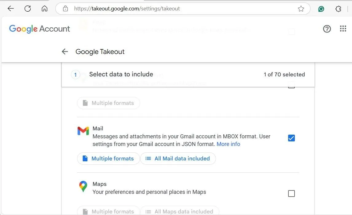Tùy chọn Mail được chọn trên trang Google Takeout để xuất dữ liệu Gmail