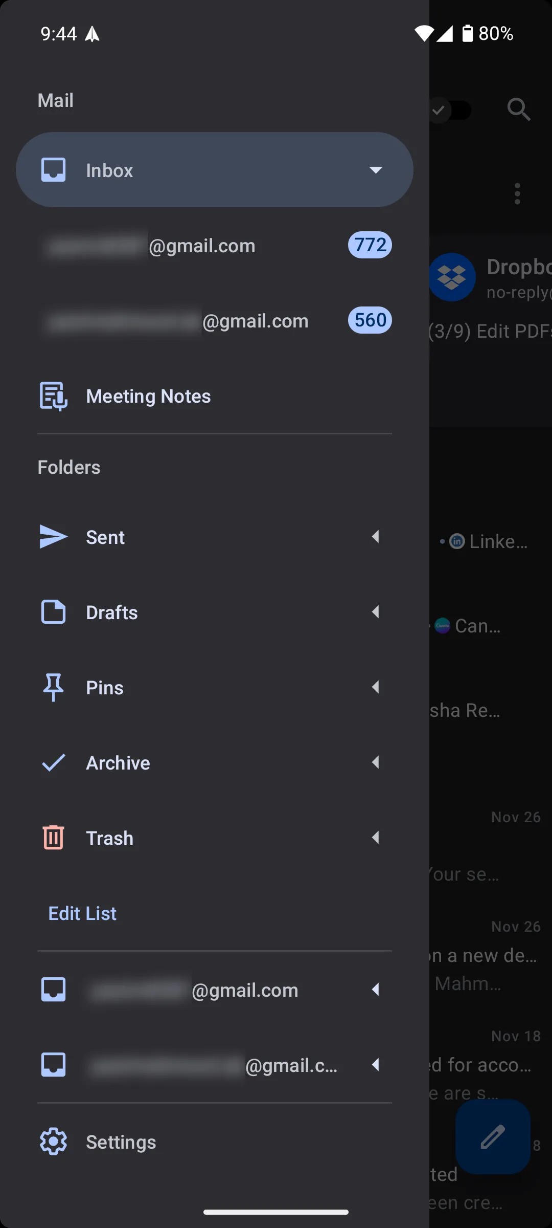 Tùy chọn Meeting Notes trong thanh bên (sidebar) của ứng dụng Spark Mail trên điện thoại Android