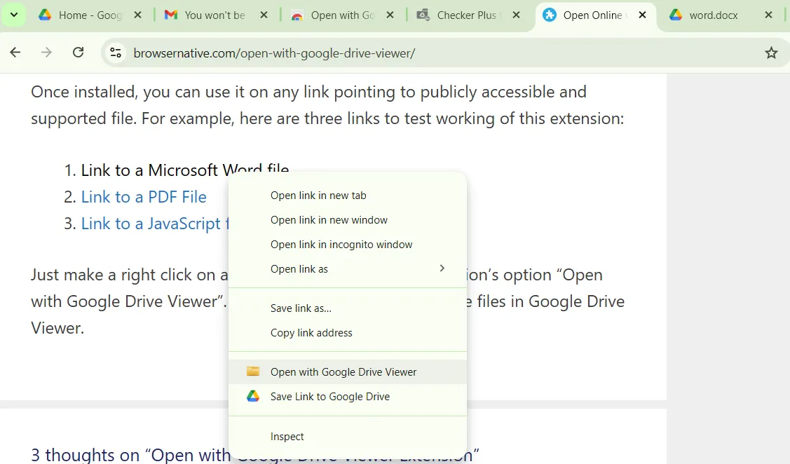Tùy chọn Mở bằng Google Drive Viewer trong menu ngữ cảnh của Chrome