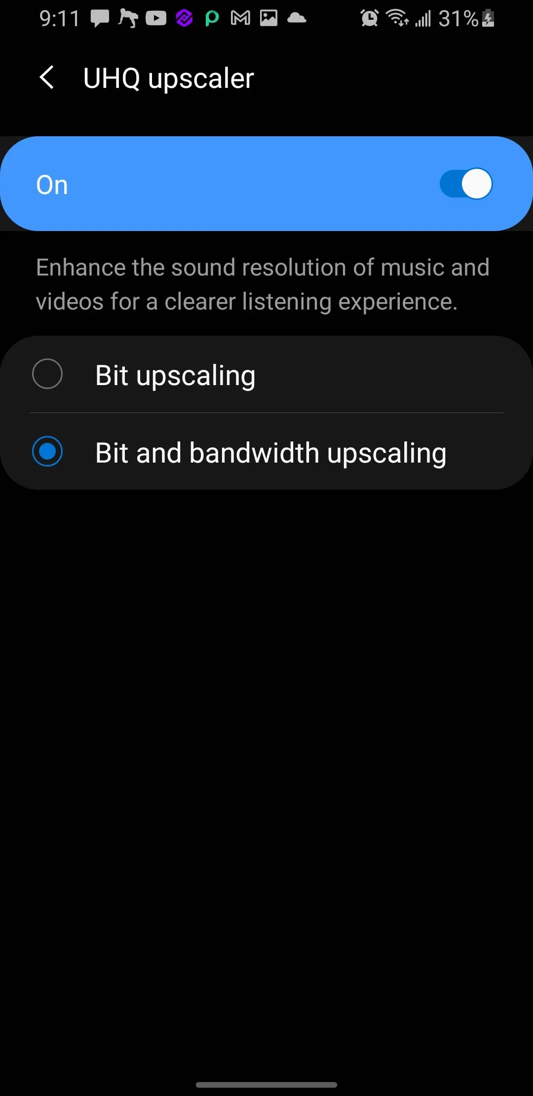 Tùy chọn nâng cao của UHQ Upscaler trên điện thoại Samsung, bao gồm Bit Upscaling và Bit and Bandwidth Upscaling.