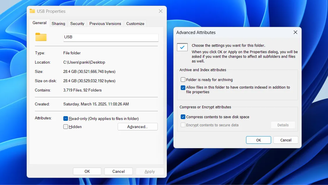 Tùy chọn nén nội dung để tiết kiệm dung lượng ổ đĩa trong thuộc tính thư mục Windows 11