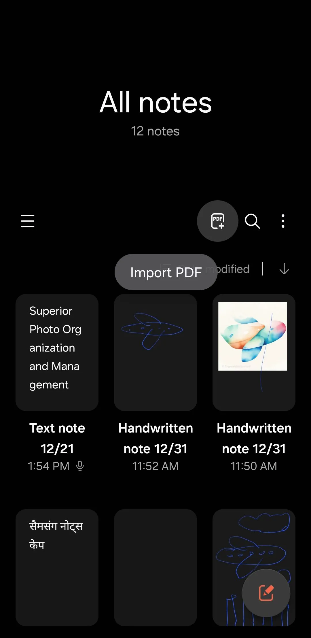 Tùy chọn nhập tệp PDF để chú thích trong Samsung Notes