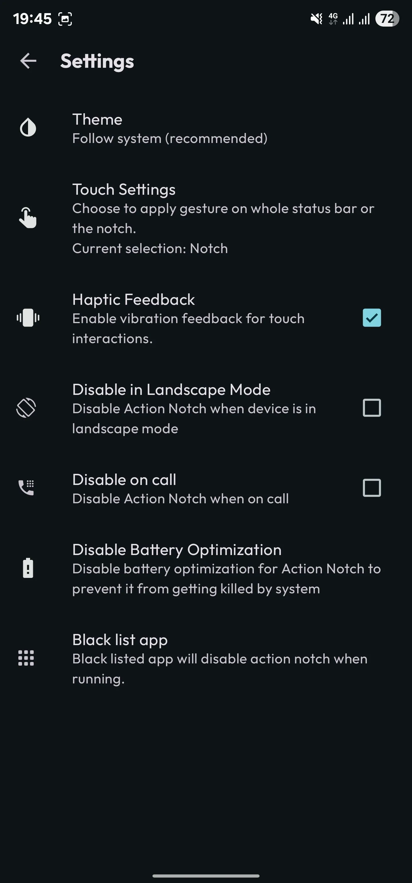 Tùy chọn Phản hồi Xúc giác đã được bật trong cài đặt của Action Notch để xác nhận cử chỉ.