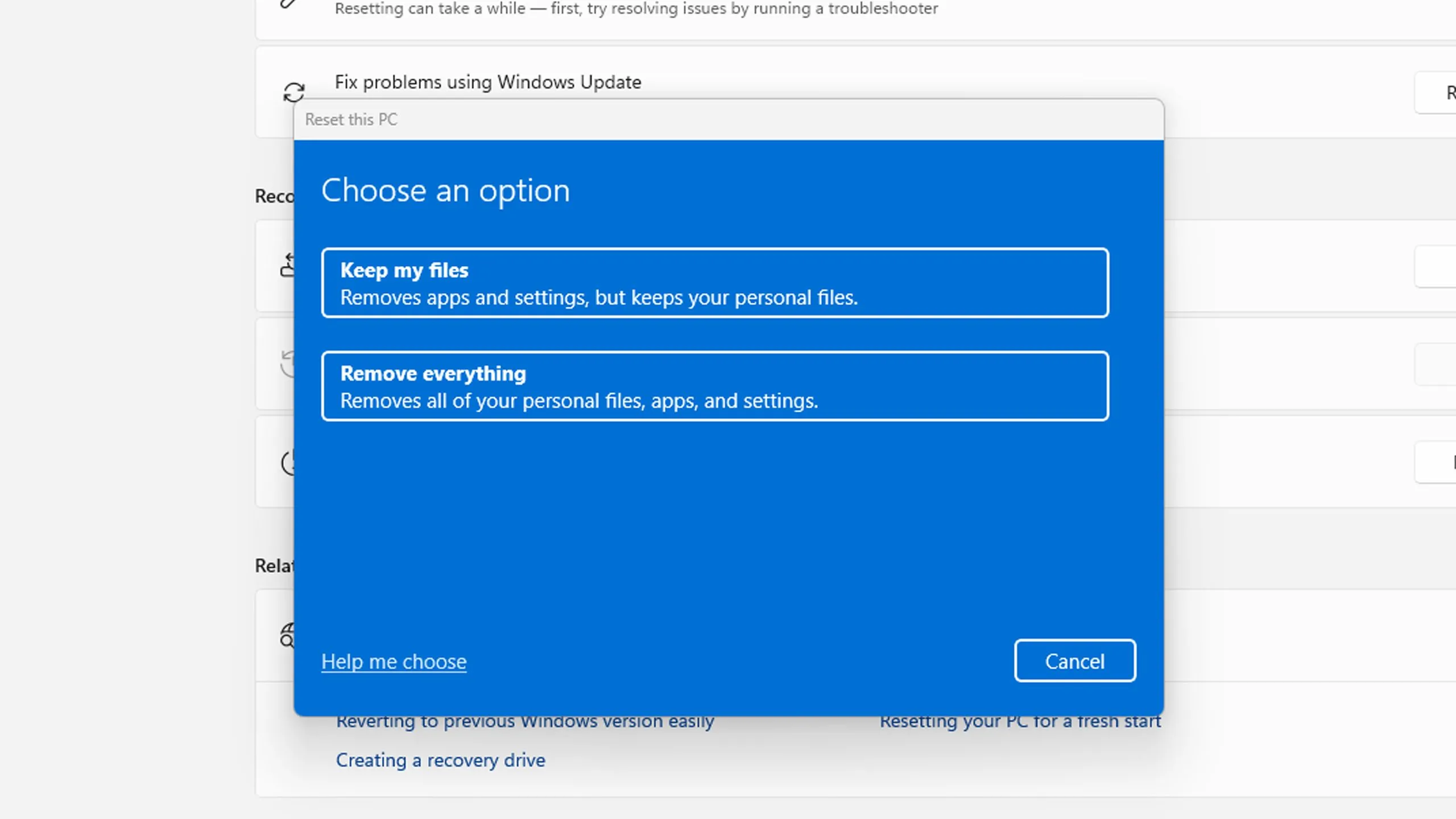 Tùy chọn Reset This PC trong cài đặt Windows 11, minh họa quá trình khôi phục máy tính về trạng thái ban đầu