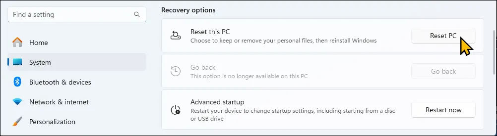 Tùy chọn Reset This PC trong ứng dụng Cài đặt Windows 11