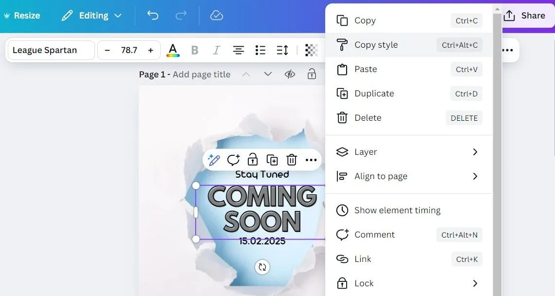 Tùy chọn sao chép định dạng (Copy Style) trong ứng dụng Canva trên máy tính