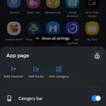 Tùy chọn sắp xếp và tùy chỉnh ngăn kéo ứng dụng trong Smart Launcher với các danh mục tự động như "Giao tiếp" và "Giải trí".