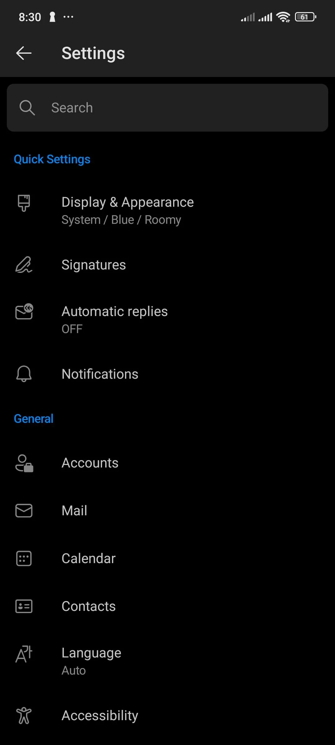 Tùy chọn Tài khoản trong ứng dụng Outlook dành cho Android