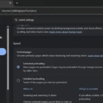 Tùy chọn tải trước trang trong cài đặt hiệu suất của Chrome