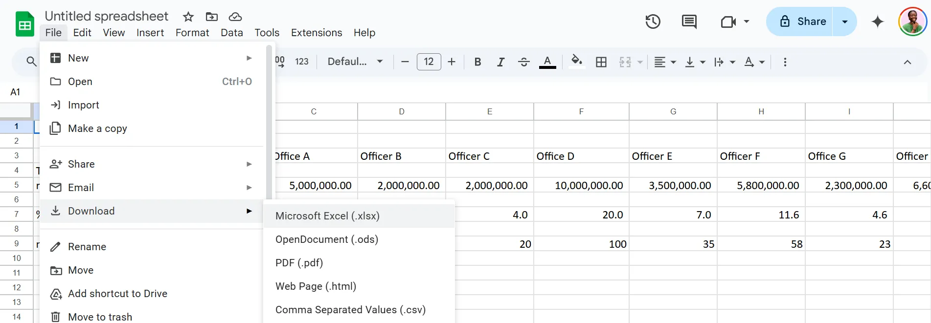 Tùy chọn tải xuống bảng tính Google Sheets dưới nhiều định dạng file khác nhau, bao gồm định dạng Excel (.xlsx), thể hiện khả năng tương thích.