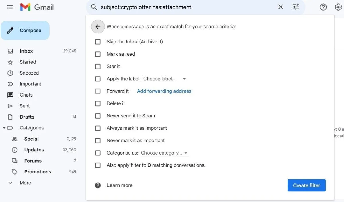Tùy chọn tạo bộ lọc email mới trong giao diện Gmail