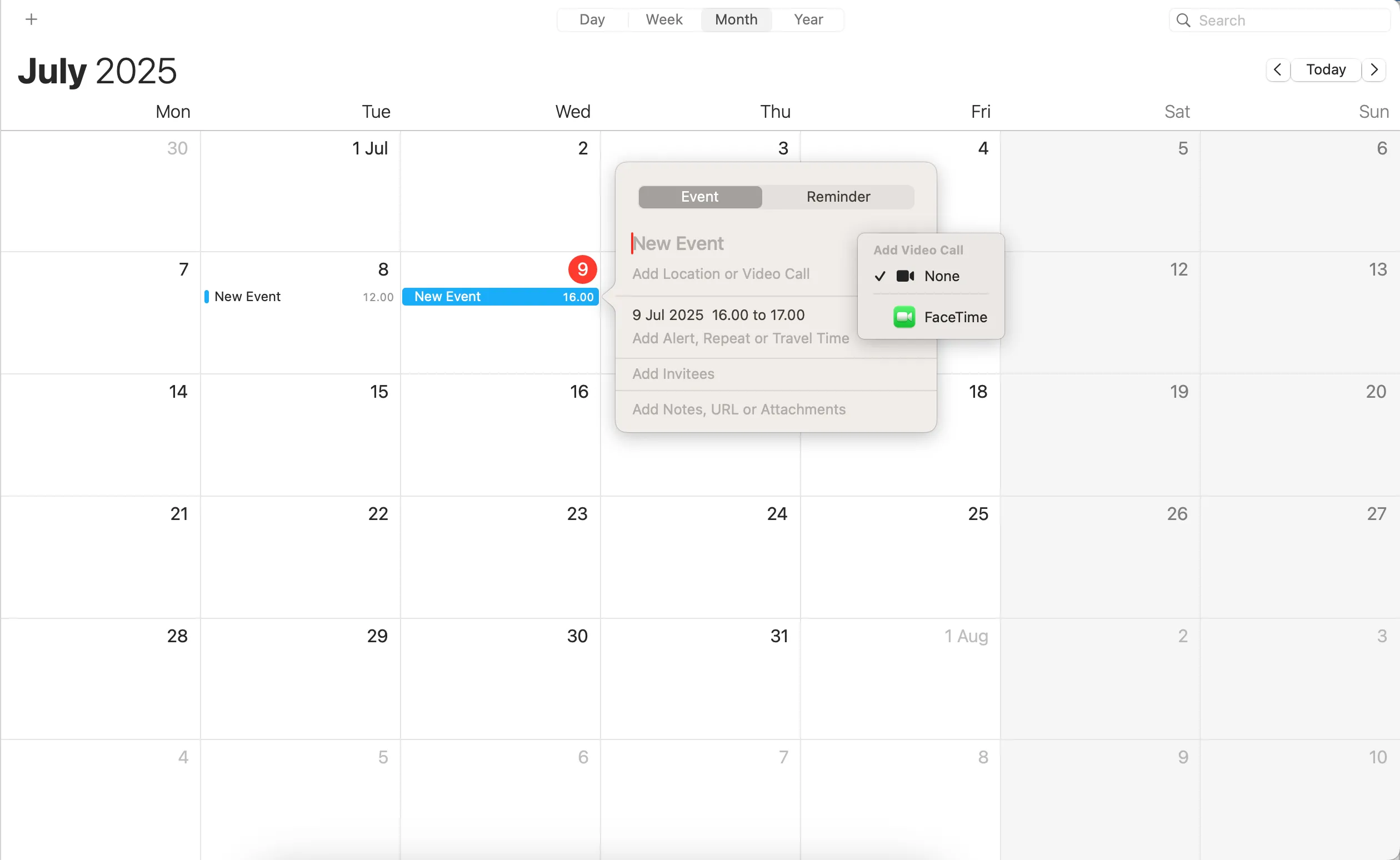 Tùy chọn tạo sự kiện với cuộc gọi FaceTime tích hợp trực tiếp trong Apple Calendar.