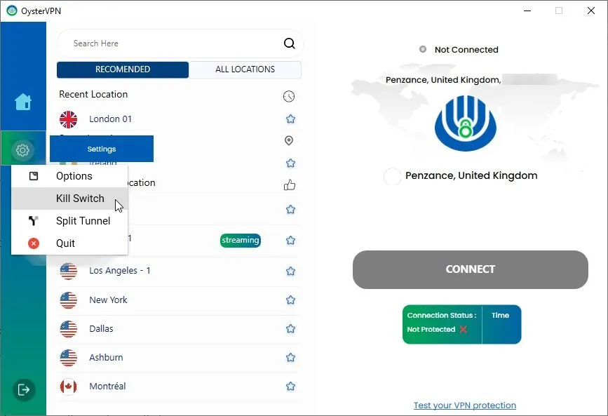 Tùy chọn tắt kill switch của Oystervpn