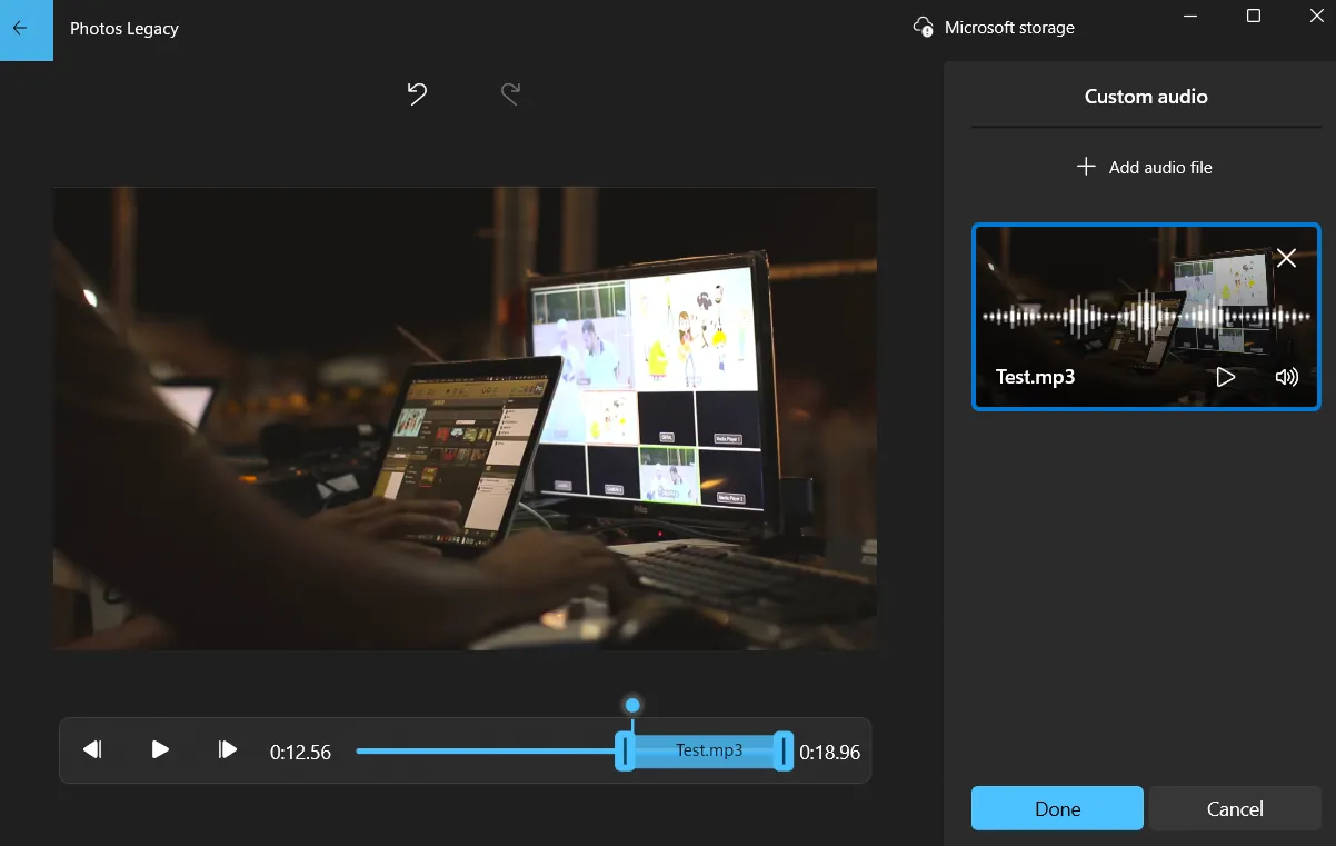 Tùy chọn thêm âm thanh tùy chỉnh trong trình chỉnh sửa video Photos Legacy