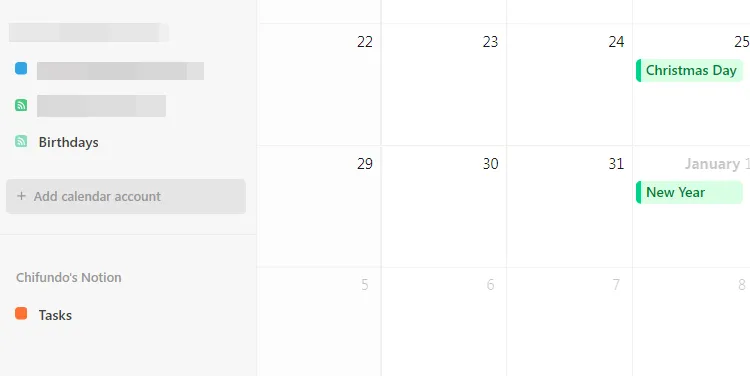 Tùy chọn thêm tài khoản lịch (Add calendar account) trong giao diện Notion Calendar