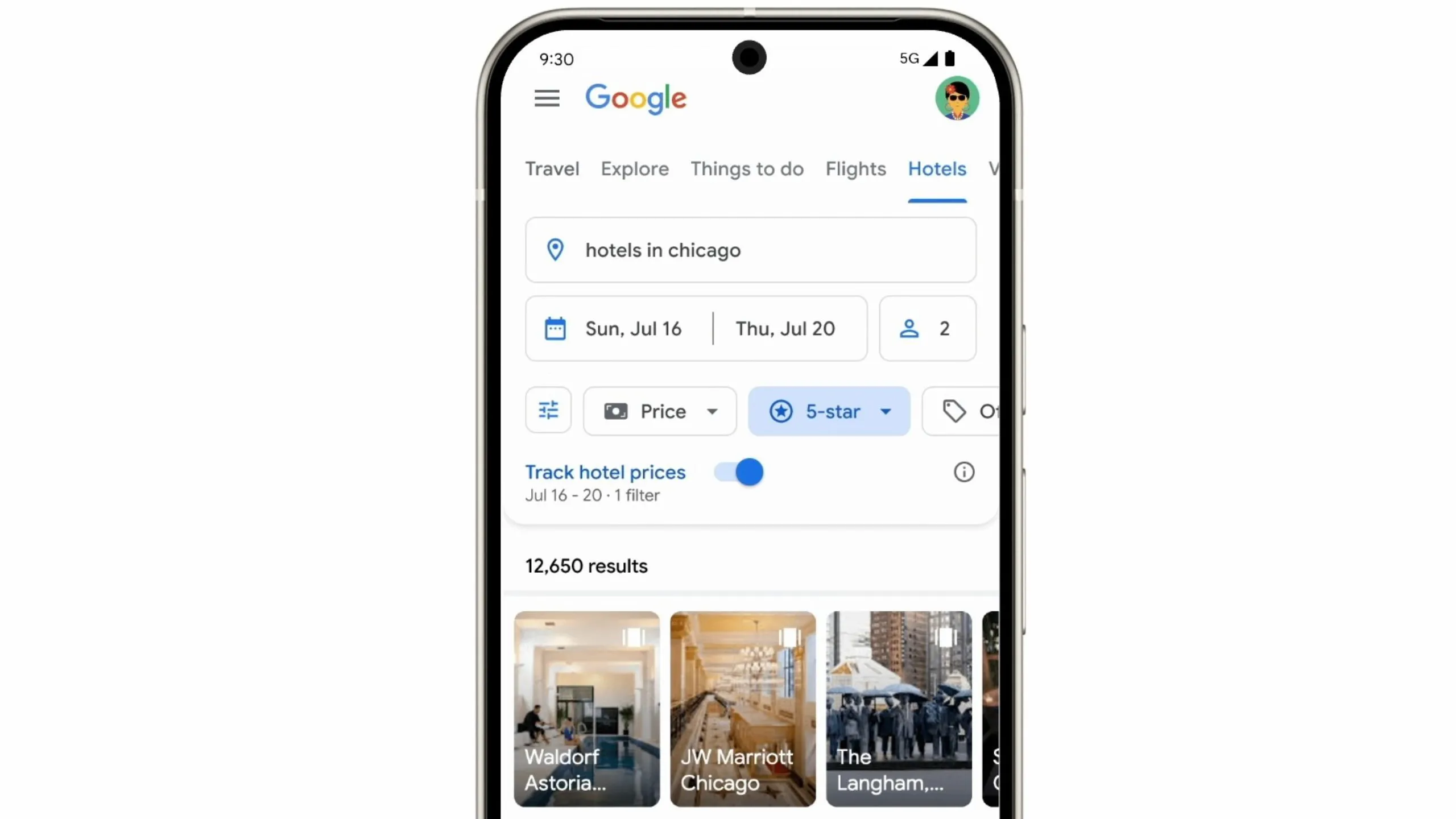 Tùy chọn 'Theo dõi giá khách sạn' mới hiển thị trên giao diện tìm kiếm khách sạn của Google.