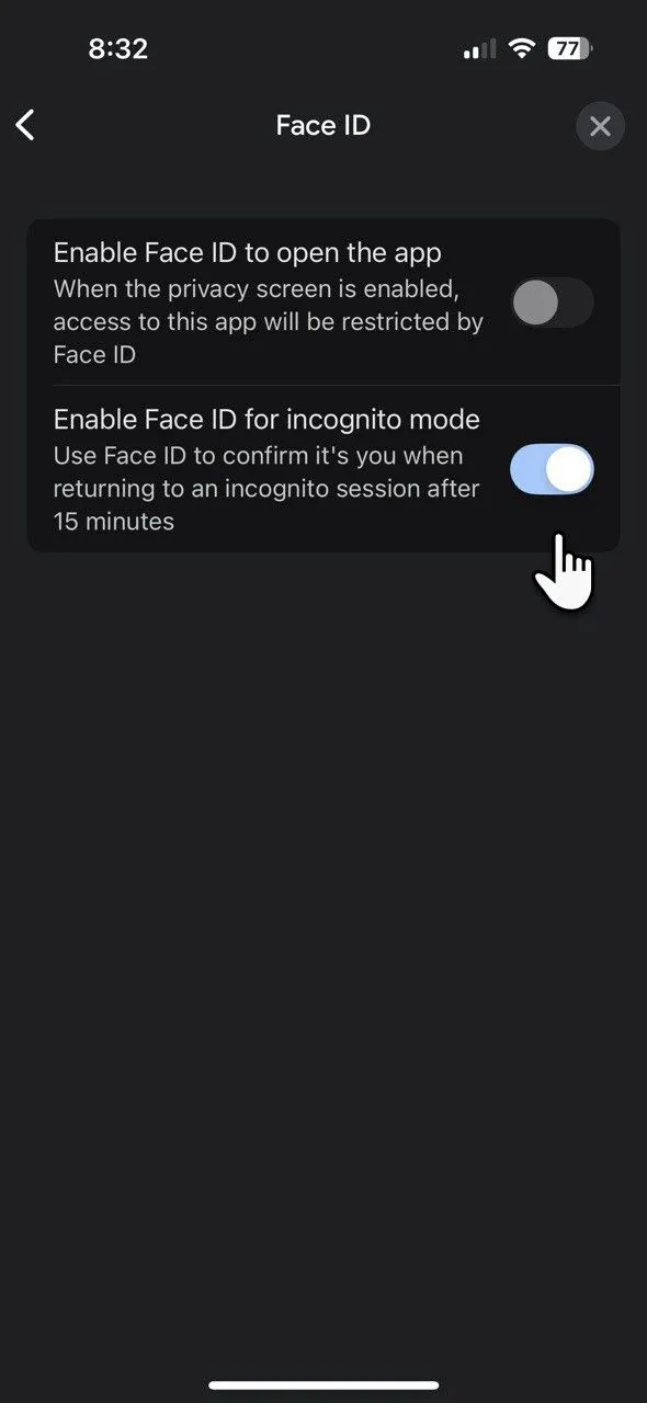Tùy chọn thiết lập Face ID để bảo mật ứng dụng Google hoặc chế độ ẩn danh trên iPhone, tăng cường quyền riêng tư