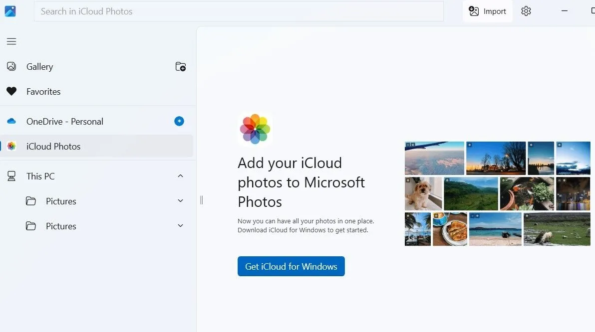 Tùy chọn tích hợp đồng bộ iCloud và OneDrive trong ứng dụng Photos trên Windows 11