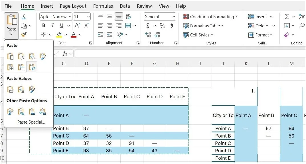 Tùy chọn Transpose trong Excel để chuyển đổi hàng thành cột và ngược lại, hỗ trợ định dạng bảng Word