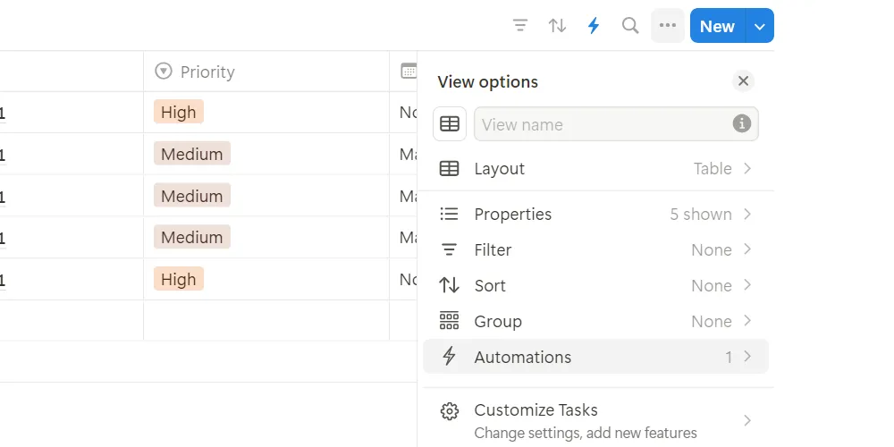 Tùy chọn tự động hóa (Automation) trong menu cài đặt của cơ sở dữ liệu Notion