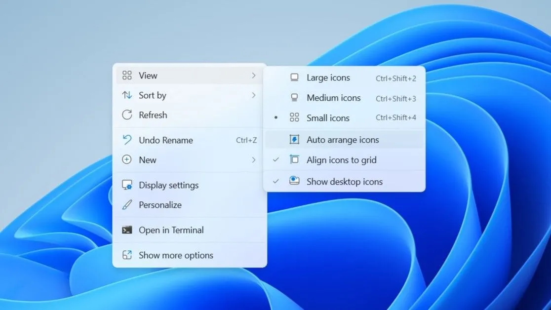 Tùy chọn &quot;Tự động sắp xếp biểu tượng&quot; trong menu ngữ cảnh của desktop Windows giúp tổ chức màn hình gọn gàng
