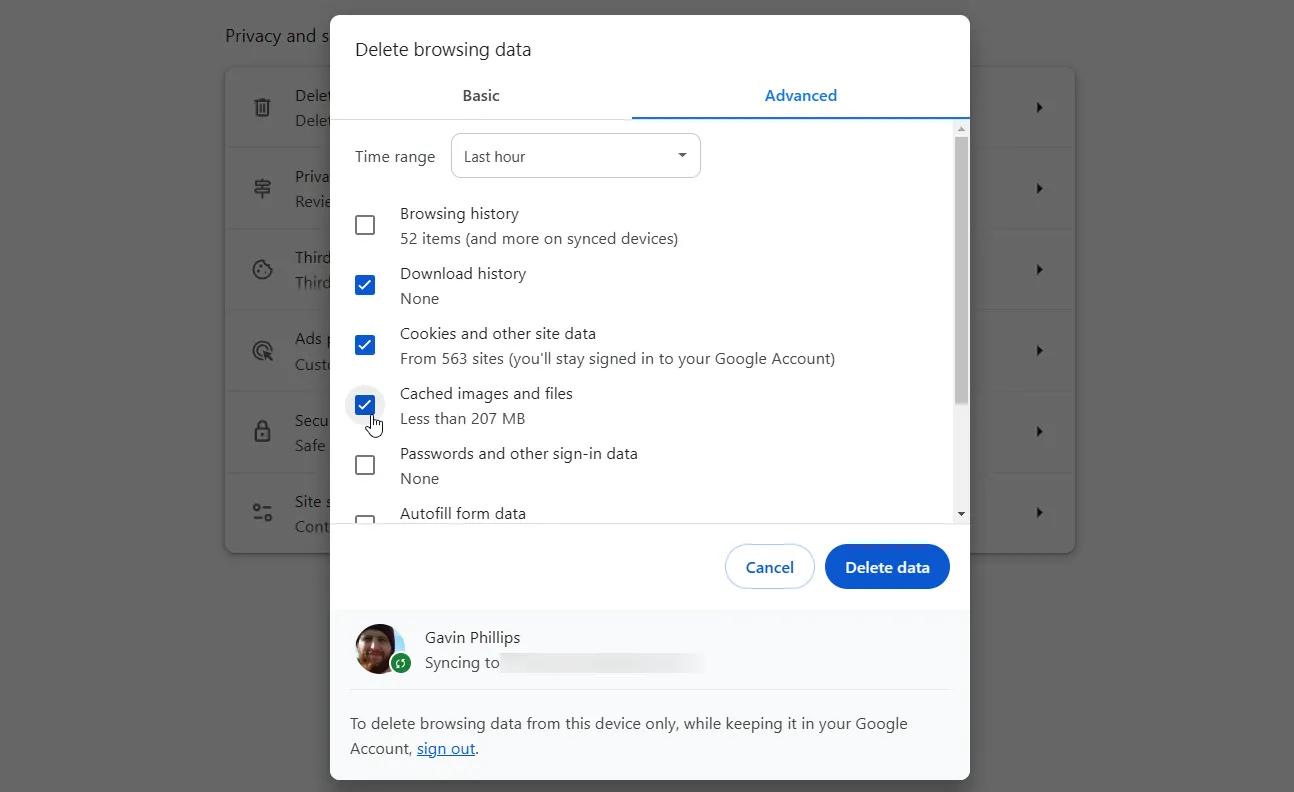 Tùy chọn xóa bộ nhớ đệm và dữ liệu duyệt web trong Google Chrome