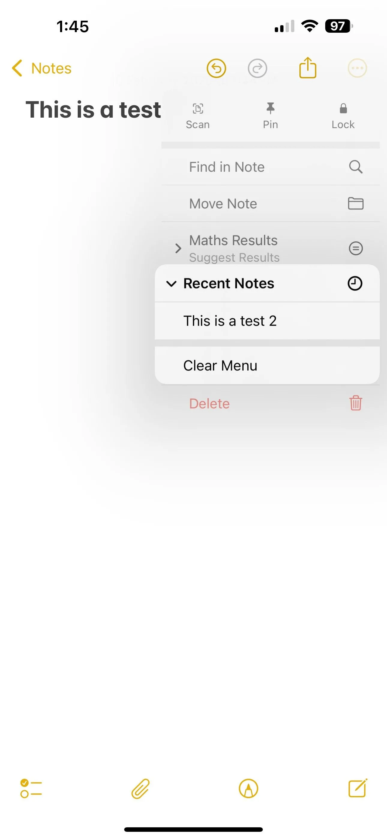 Tùy chọn Xóa Menu để làm sạch lịch sử Ghi chú gần đây trên iPhone.