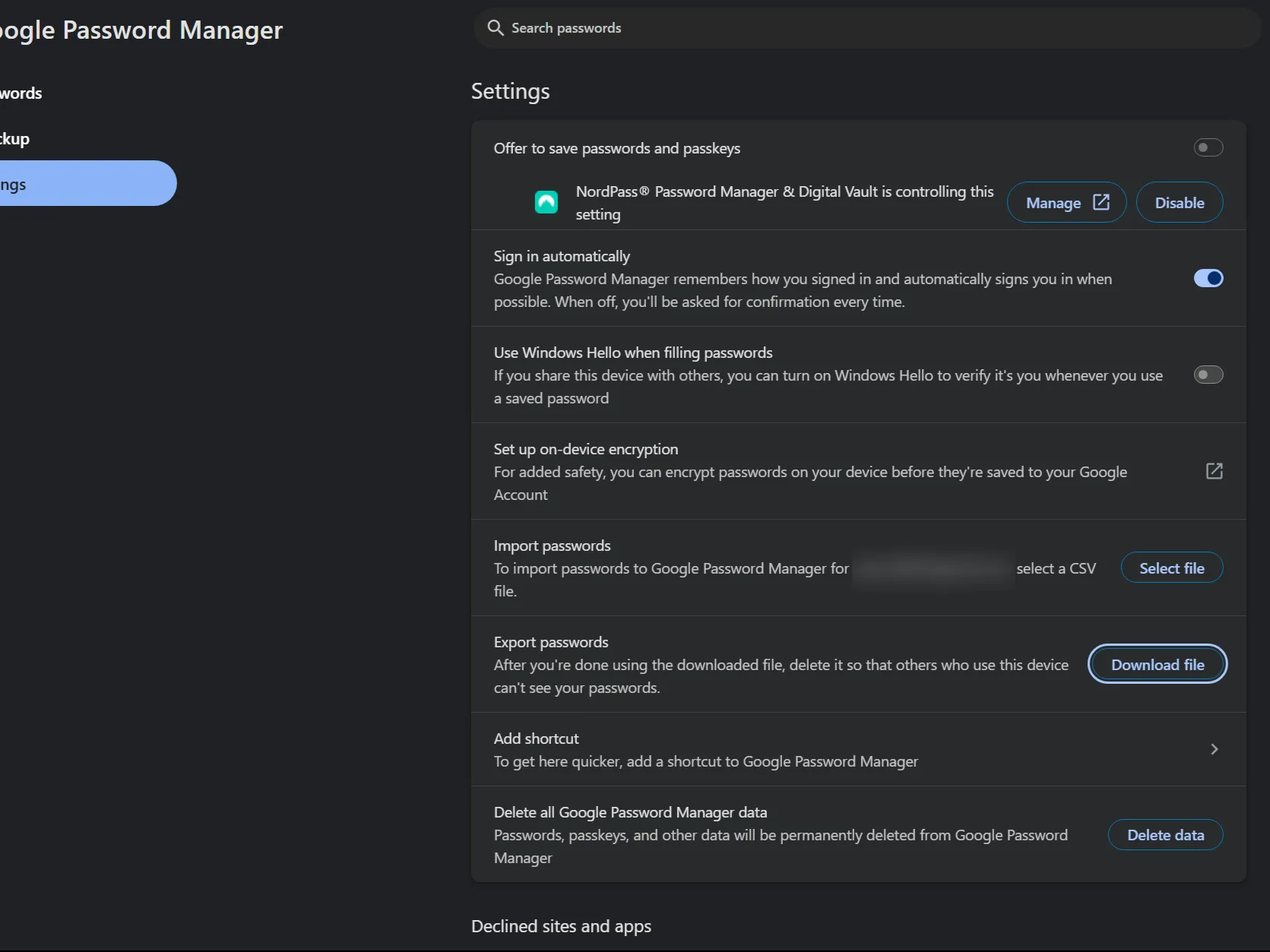 Tùy chọn xuất mật khẩu trong cài đặt Google Password Manager, minh họa cách quản lý mật khẩu đã lưu.