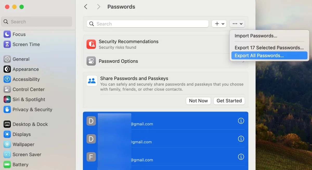Tùy chọn xuất tất cả mật khẩu đã lưu từ iPhone sang file CSV trên máy Mac