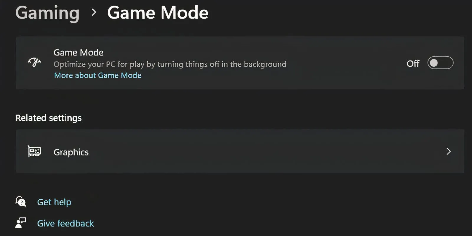 Ứng dụng Cài đặt với tùy chọn Game mode đã tắt