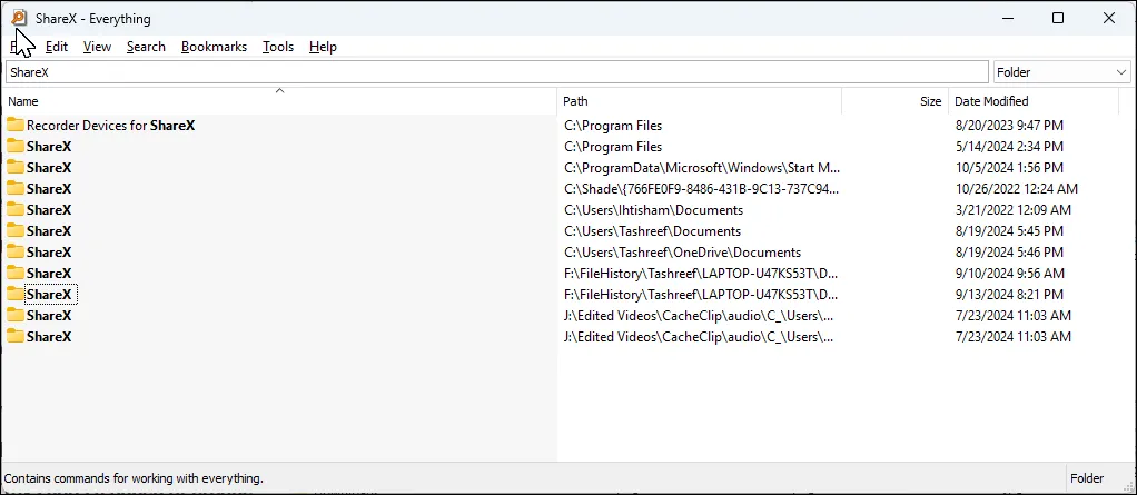 Ứng dụng Everything đang tìm kiếm cụm từ &quot;ShareX&quot; trên Windows 11, hiển thị kết quả tìm kiếm tức thì
