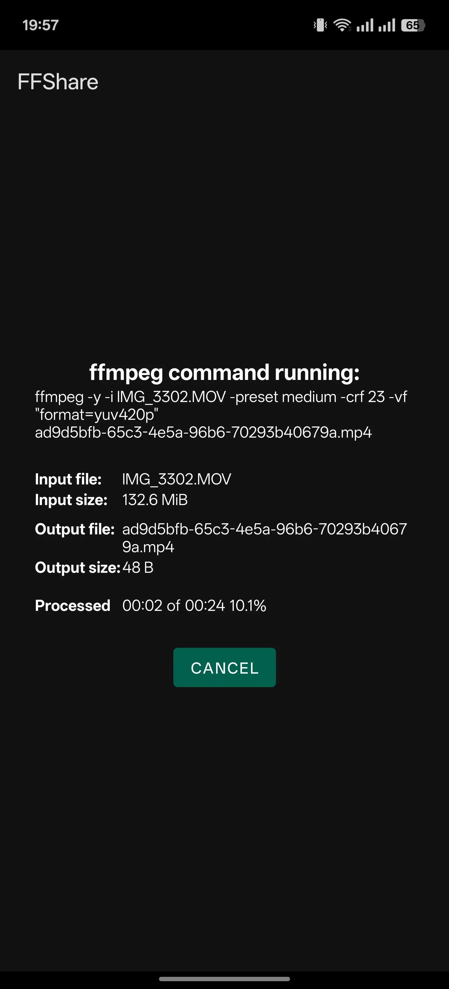 Ứng dụng FFShare trên Android hiển thị quá trình nén file đang diễn ra, sử dụng FFmpeg.