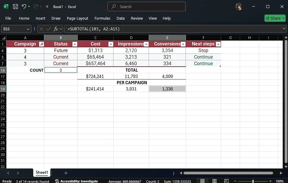 Ứng dụng hàm SUBTOTAL với function_num 103 để đếm số ô hiển thị trong Excel