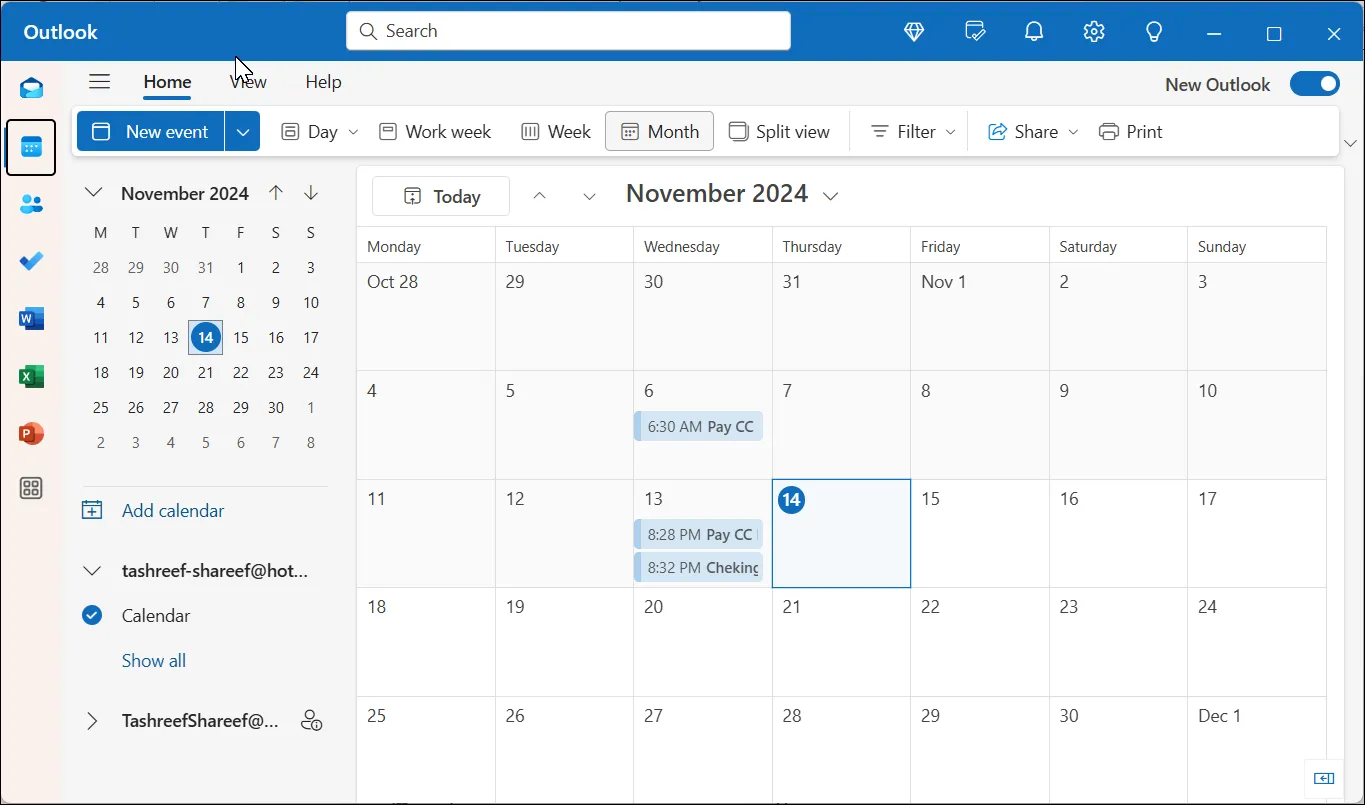 Ứng dụng Lịch trong Outlook Client trên Windows 11 hiển thị các cuộc hẹn và nhắc nhở