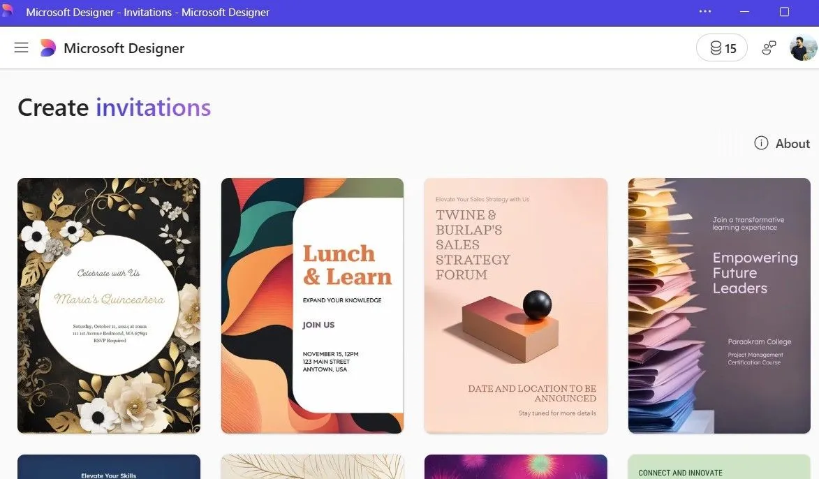 Ứng dụng Microsoft Designer hiển thị các mẫu thiệp mời
