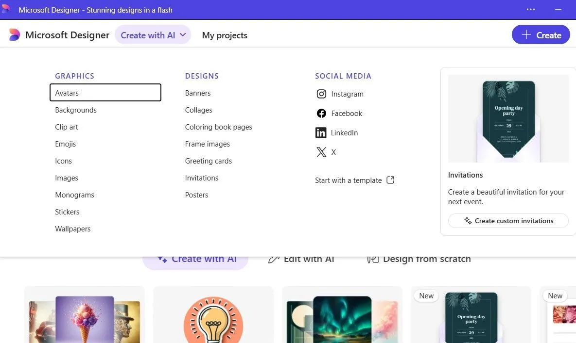 Ứng dụng Microsoft Designer hiển thị tùy chọn tạo với AI
