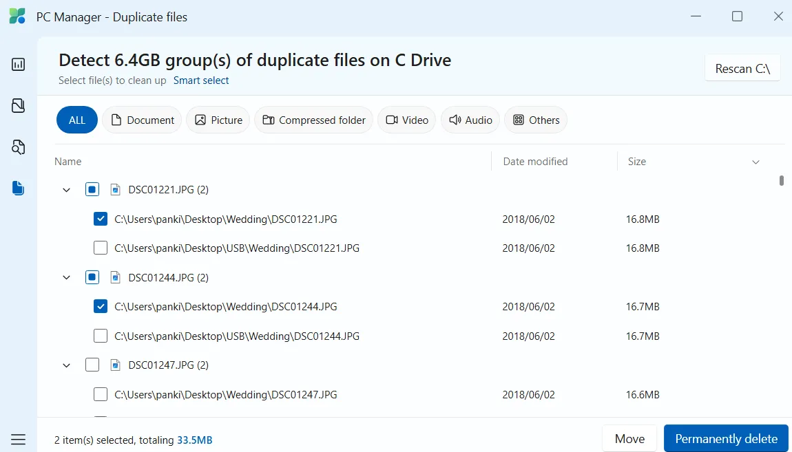 Ứng dụng Microsoft PC Manager hiển thị các tệp trùng lặp cần xóa