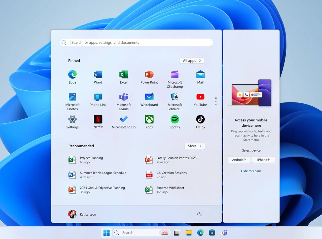 Ứng dụng Microsoft Phone Link xuất hiện trong menu Start của Windows, thể hiện sự tích hợp sâu rộng vào hệ điều hành.