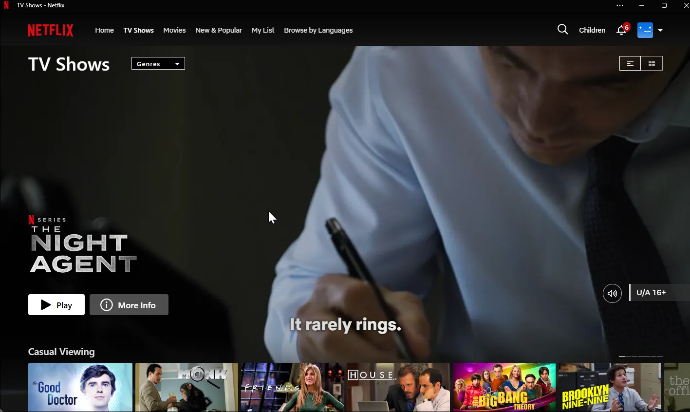 Ứng dụng Netflix trên Windows 11 với giao diện chính