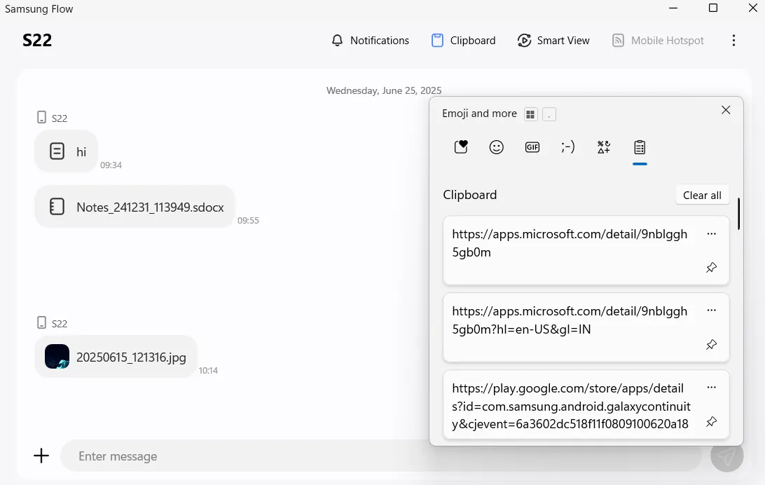 Ứng dụng Samsung Flow hiển thị tính năng đồng bộ clipboard với Windows.