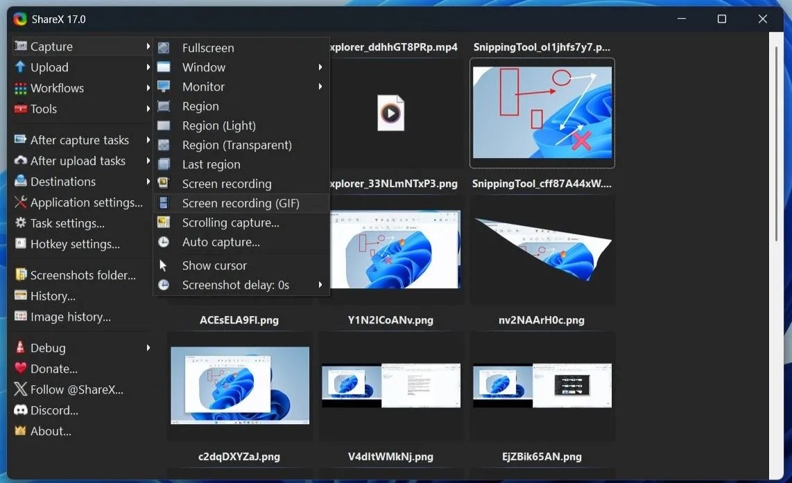 Ứng dụng ShareX với các tùy chọn chụp màn hình và ghi hình trên Windows