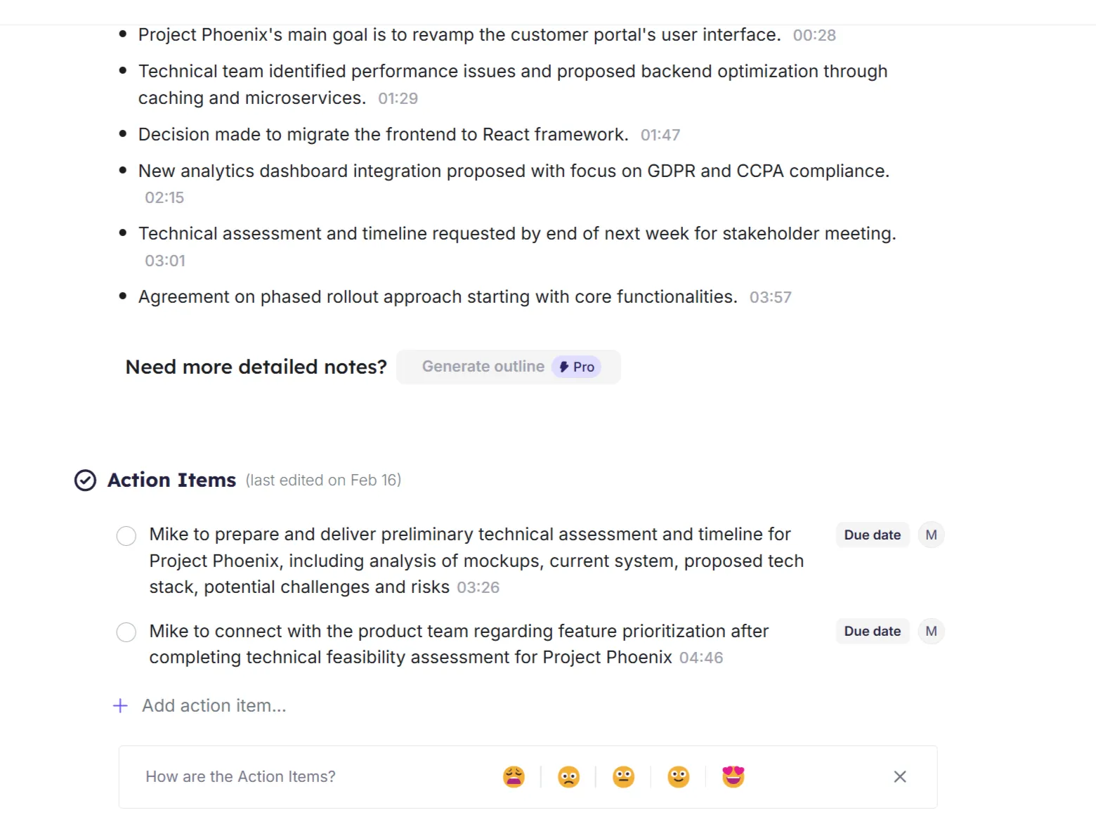 Ứng dụng web Krisp hiển thị các mục hành động được trích xuất từ cuộc họp, bao gồm nhiệm vụ và người chịu trách nhiệm