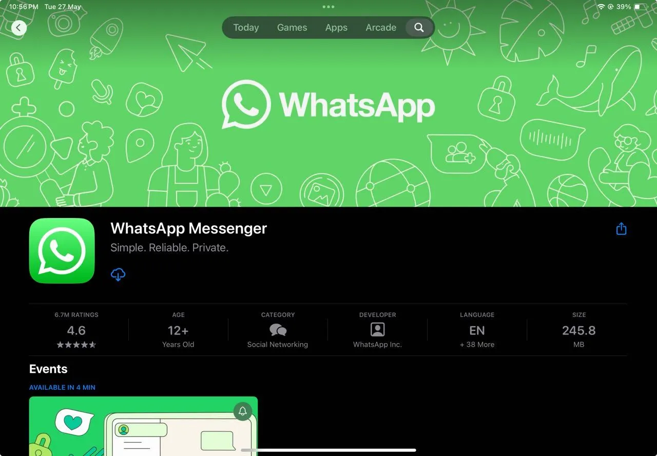 Ứng dụng WhatsApp Messenger trên giao diện App Store, biểu tượng cho sự ra mắt chính thức của WhatsApp cho iPadOS.