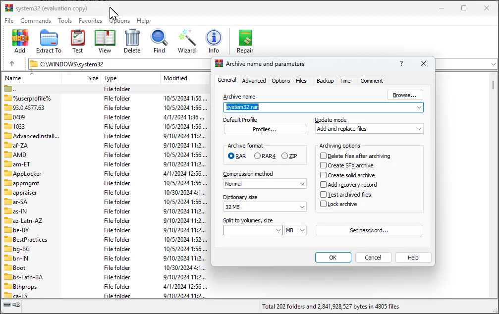 Ứng dụng WinRAR trên Windows 11 với hộp thoại Archive đang mở, hiển thị các tùy chọn nén và bảo mật tệp