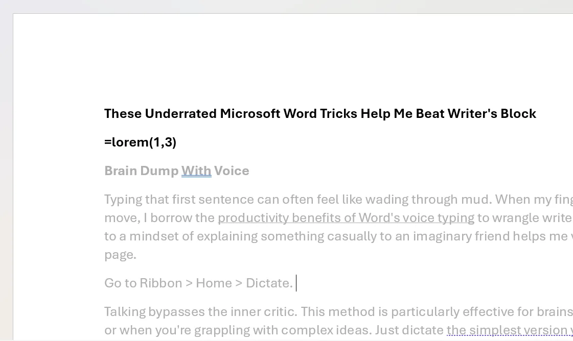 Văn bản giả Lorem Ipsum được chèn trong Microsoft Word để tạo nội dung đặt chỗ
