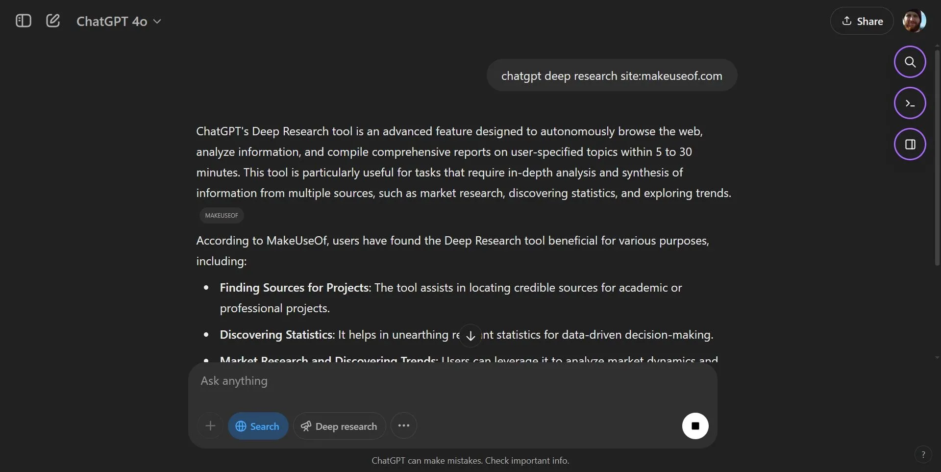 Ví dụ ChatGPT Search không thể xử lý các toán tử tìm kiếm nâng cao như &quot;site:makeuseof.com&quot;.