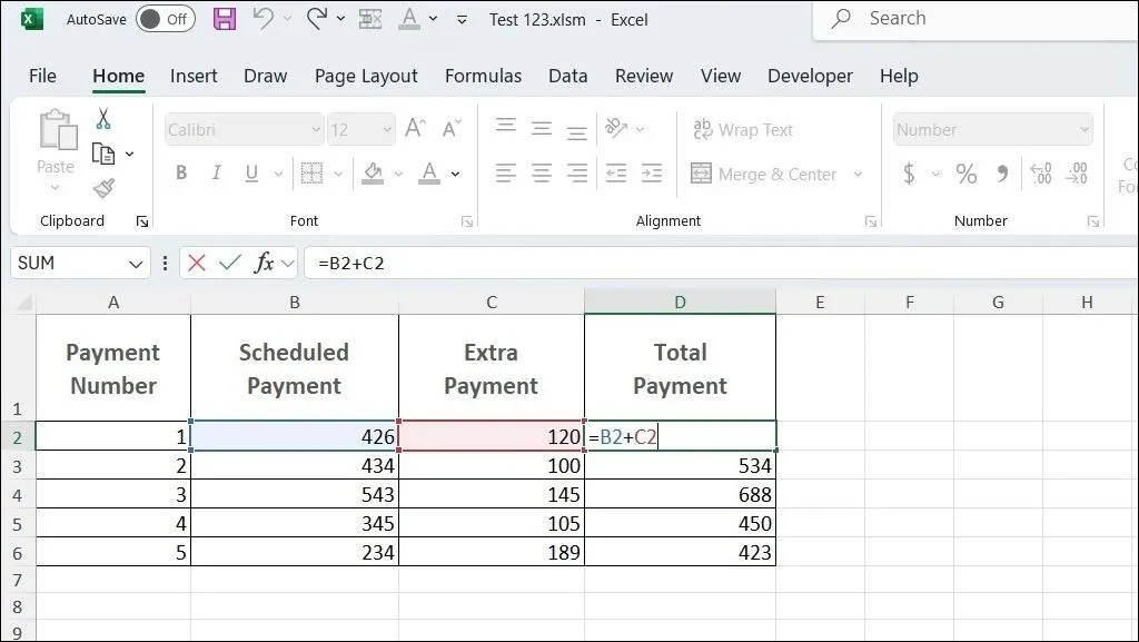 Ví dụ công thức cộng đơn giản trong bảng tính Excel